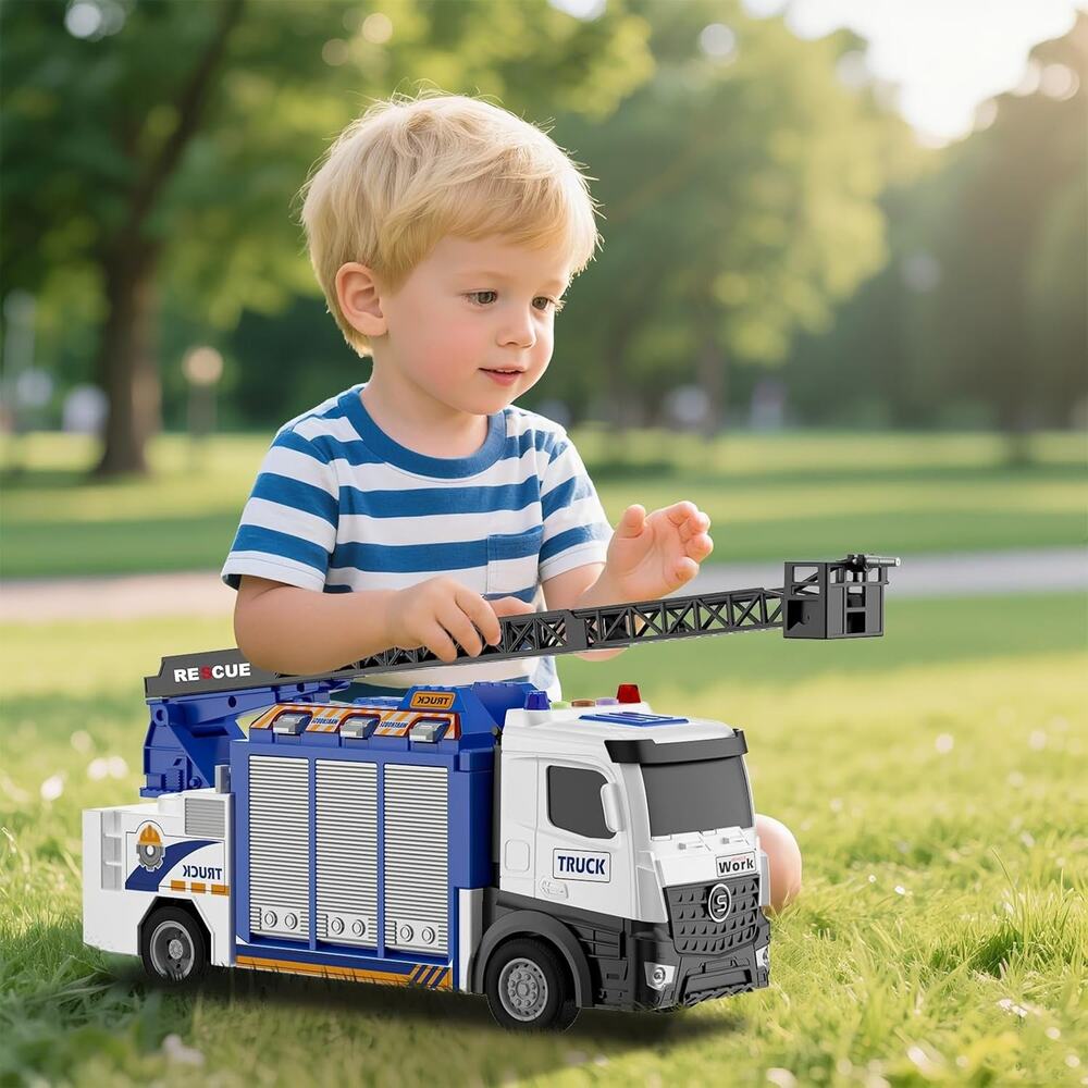 3-In-1 Large Fire Truck Toy with Garage & 6 Cars, Water Pump, Extendable Ladder, - Picture 2 of 7